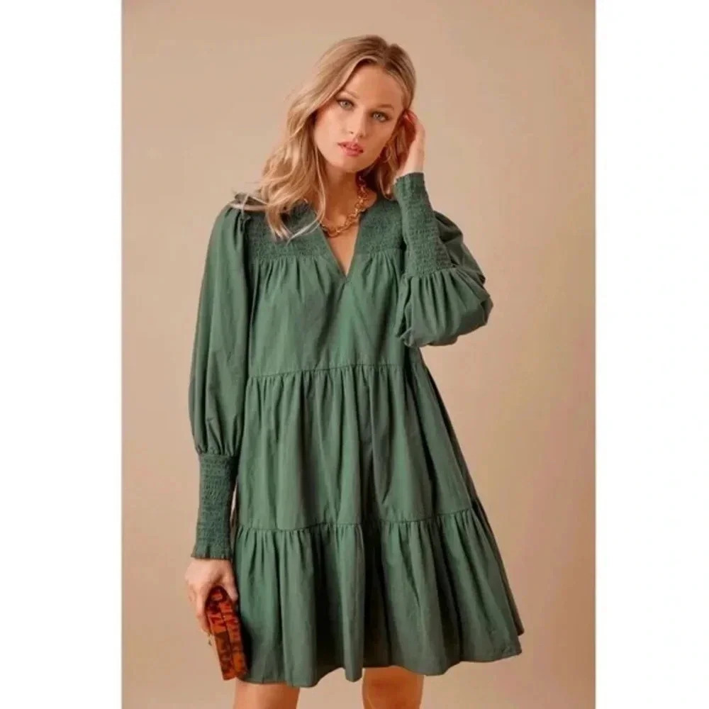 NWOT Tuckernuck Pomander Place Ceci Smocked Dress Long Puff Sleeve Jaguar Green